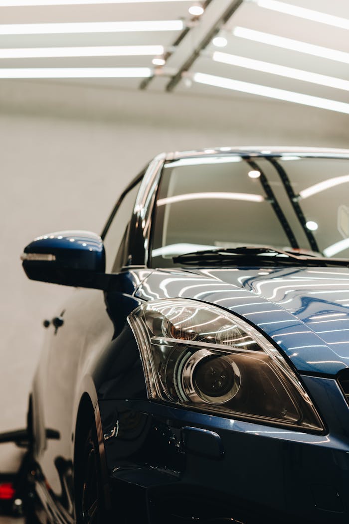 A blue cars headlight and side mirror showcased in a sleek indoor garage setting.