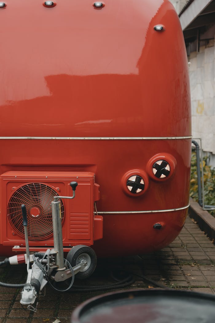 Detailed shot of a vibrant red mobile trailer with mechanical components outdoors.